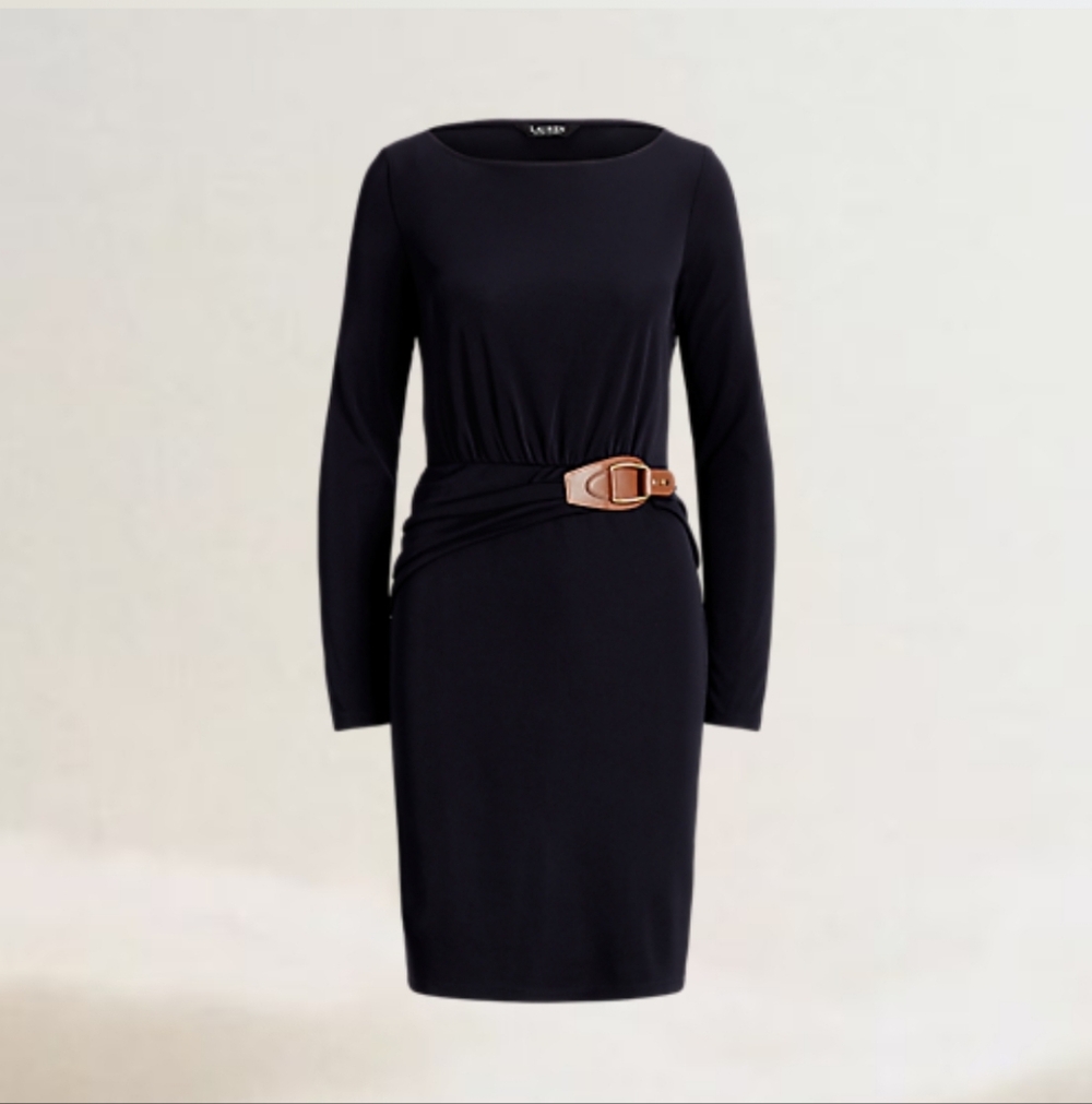Lauren Ralph Lauren Navy Long-Sleeve Jersey Dress Buckle Trim Size 16